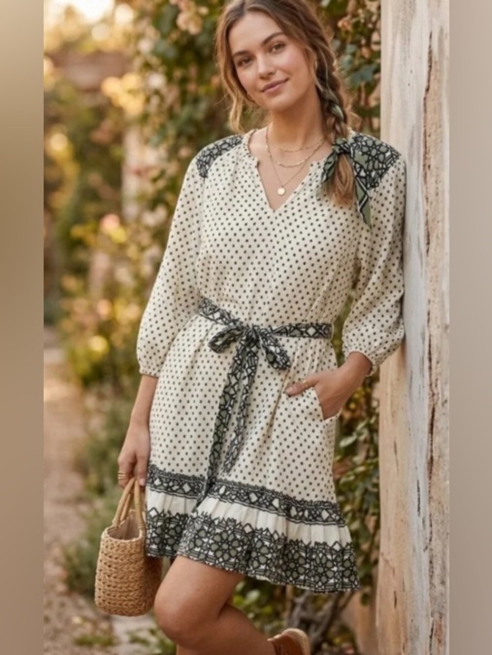 Knox Rose Off White Cream Printed Waist Tie Knee Length Dress